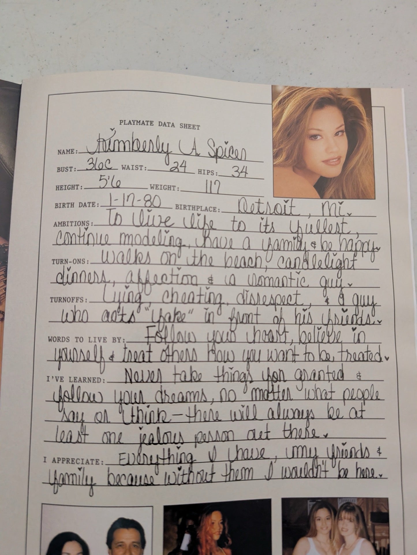 Playmate data sheet for Kimberly A. Spicer