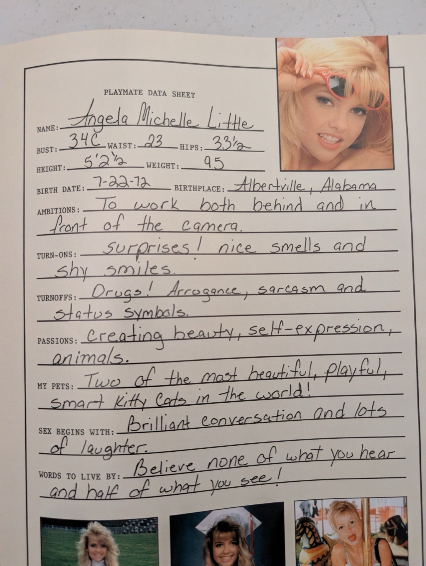 Playmate Data Sheet for Angela Michelle Little
