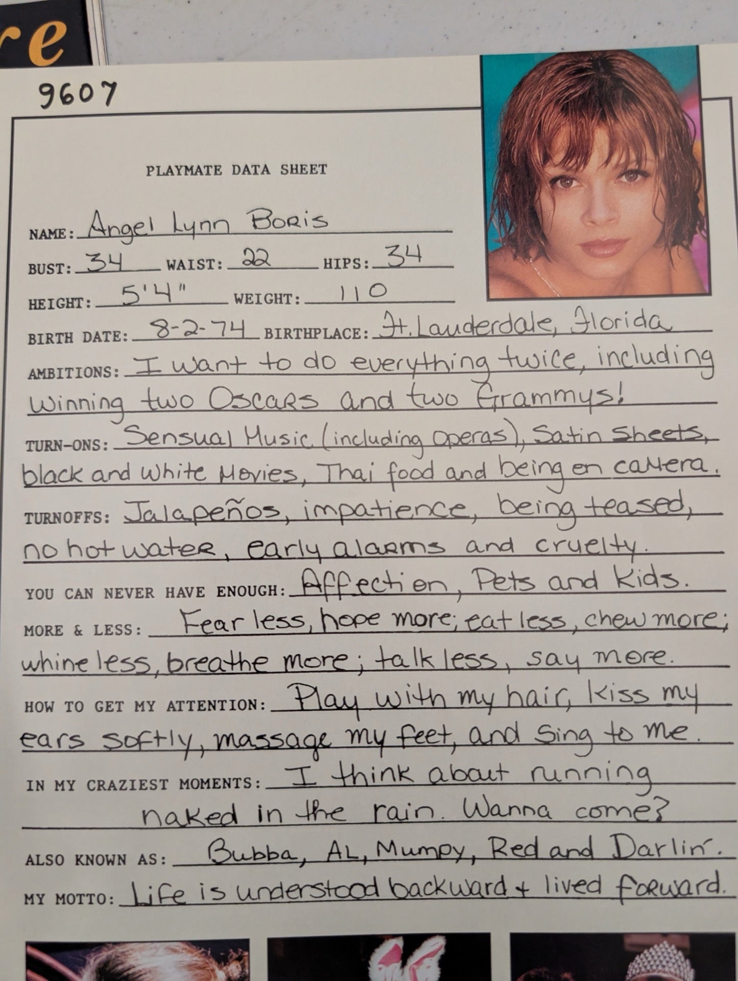 July 1996 Playboy Playmate Data Sheet Angel Lynn Boris