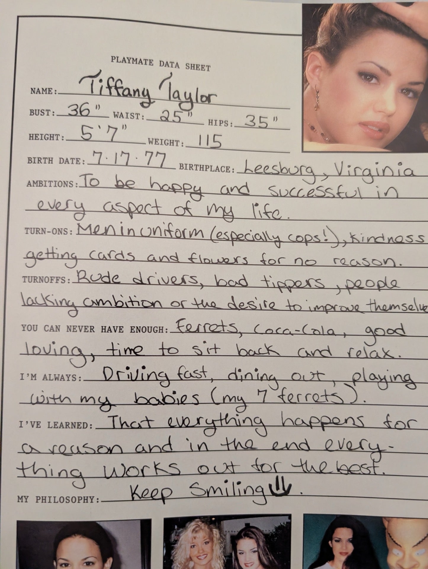 November 1998 Playboy Playmate Data Sheet Tiffany Taylor