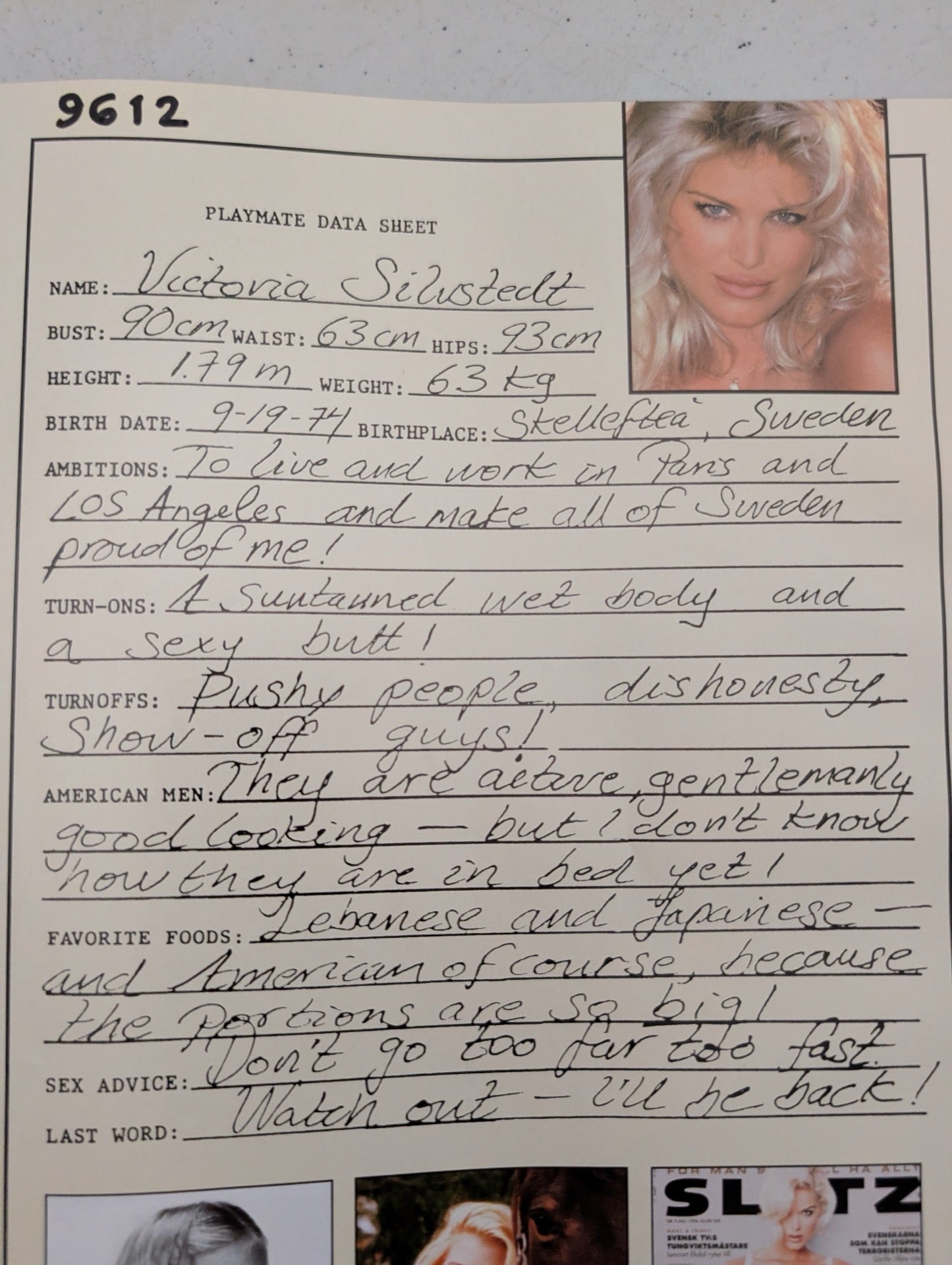 December 1996 Playboy Playmate Data Sheet Victoria Silvstedt