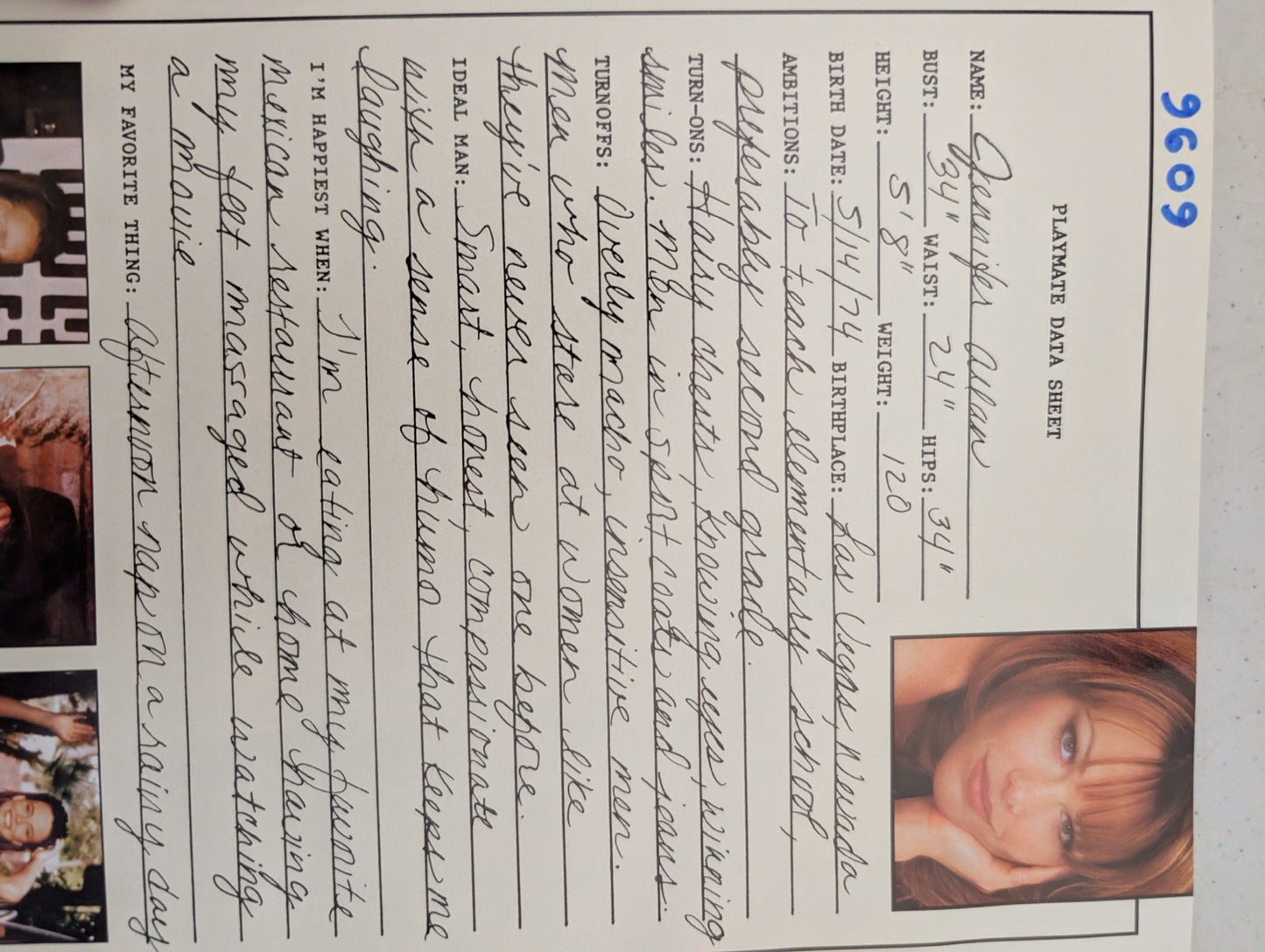 September 1996 Playboy Playmate Data Sheet Jennifer Allan