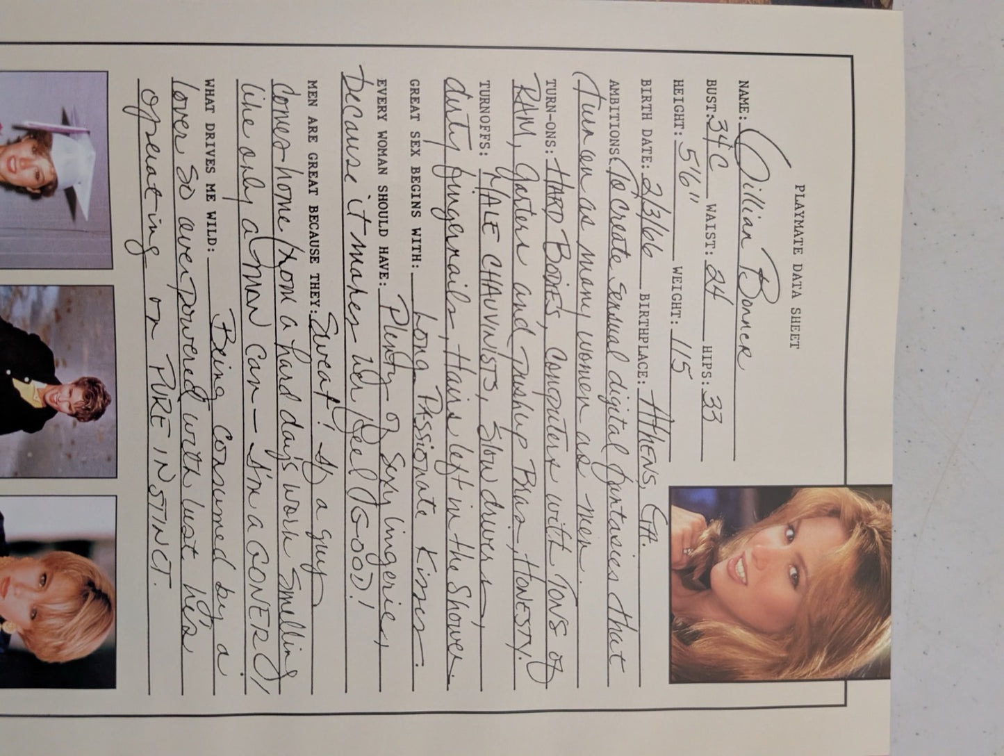 April 1996 Playboy Playmate Data Sheet Gillian Bonner