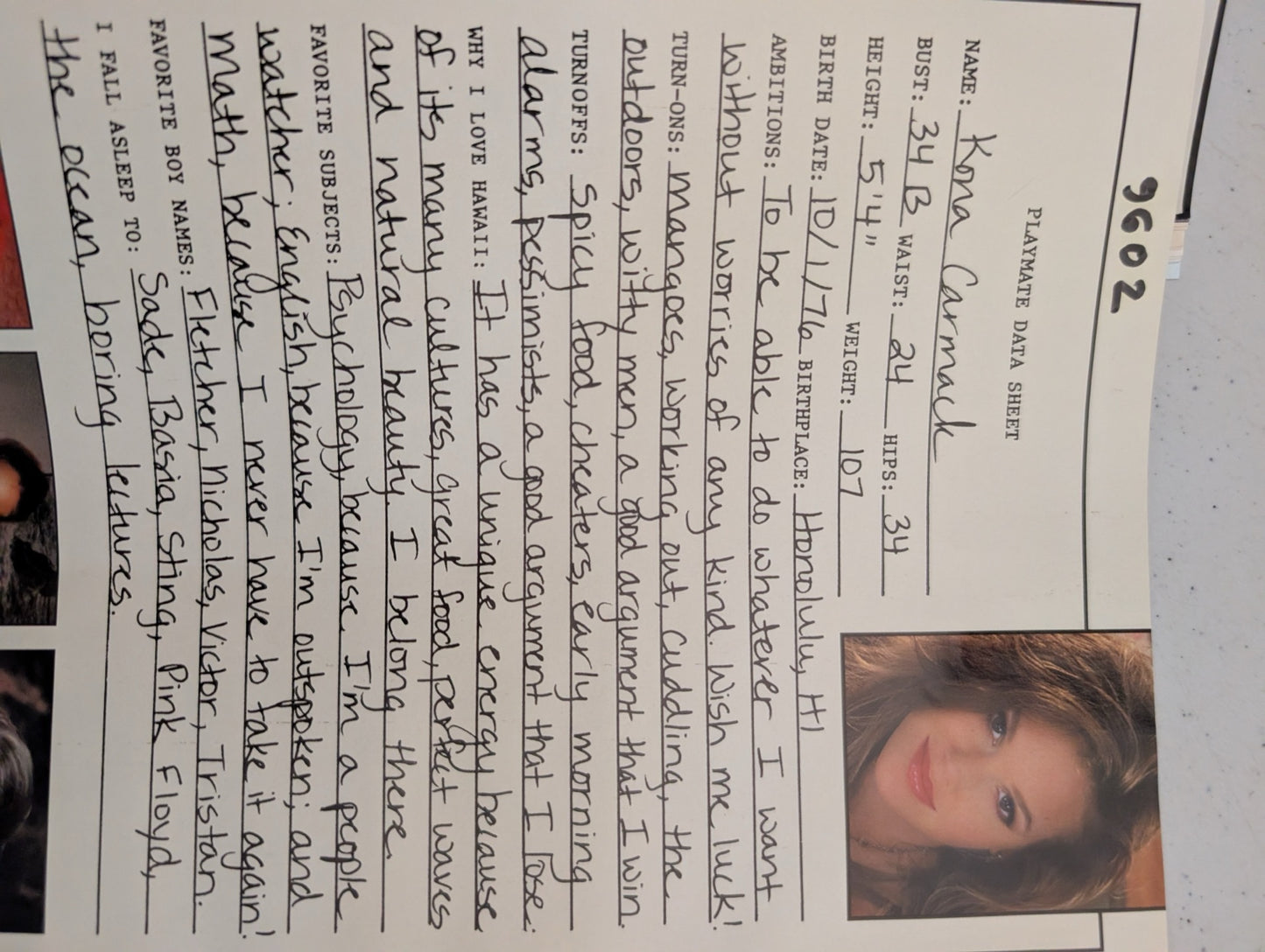 February 1996 Playboy Playmate Data Sheet Kona Carmack