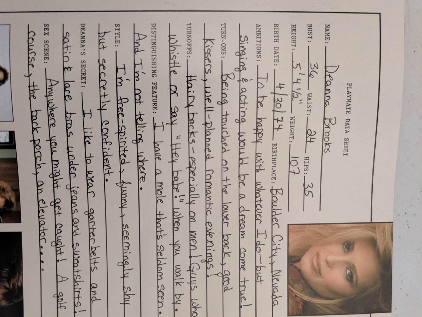May 1998 Playboy Playmate Data Sheet Deanna Brooks