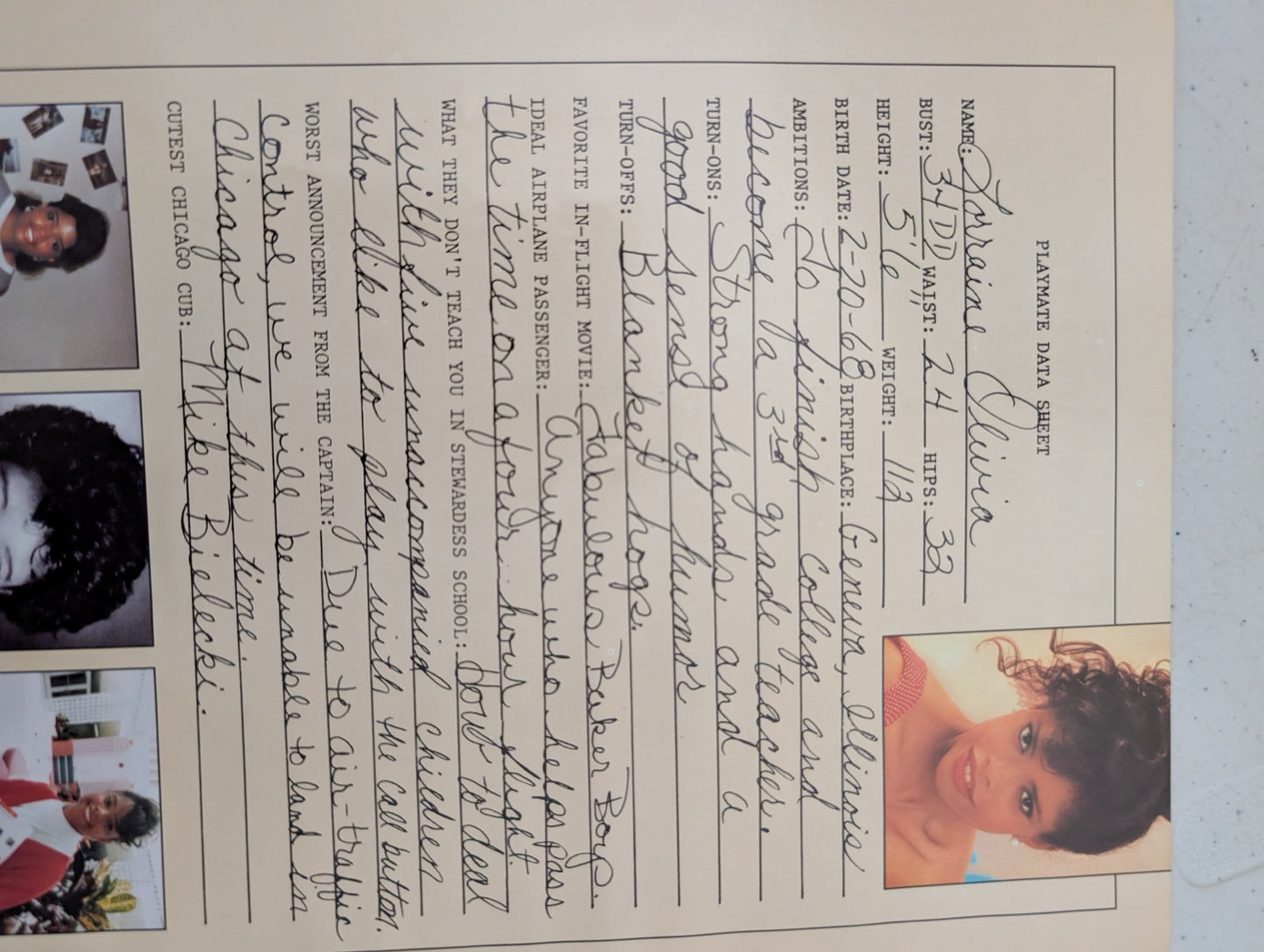 Lorraine Olivia data sheet inside magazine