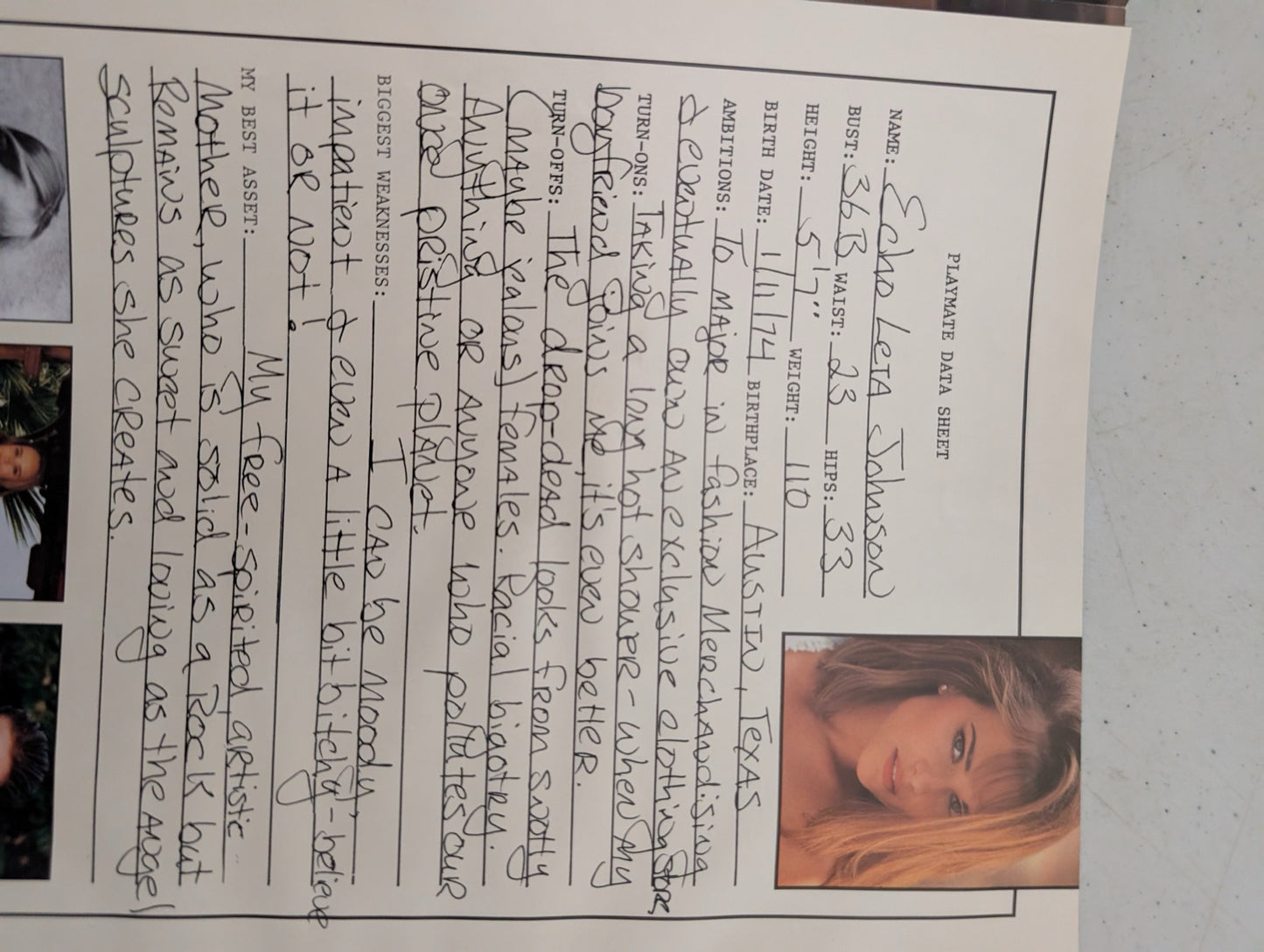 Echo Leta Johnson data sheet inside magazine
