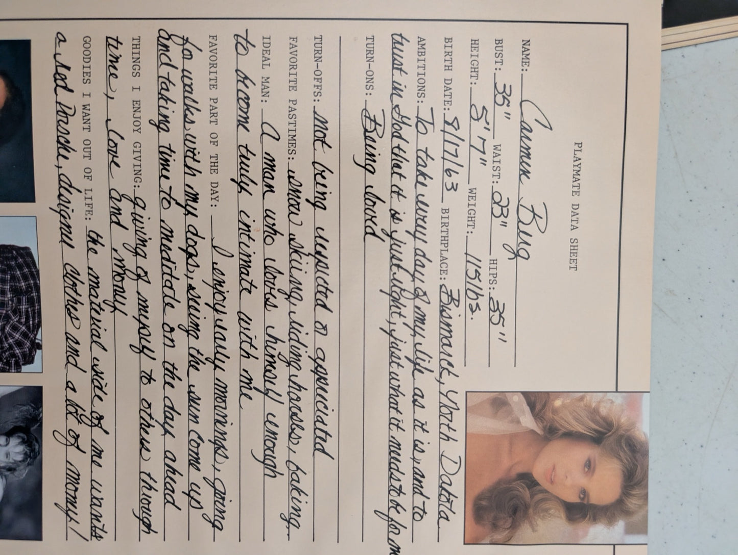 Carmen Berg Playmate Data Sheet July 1987