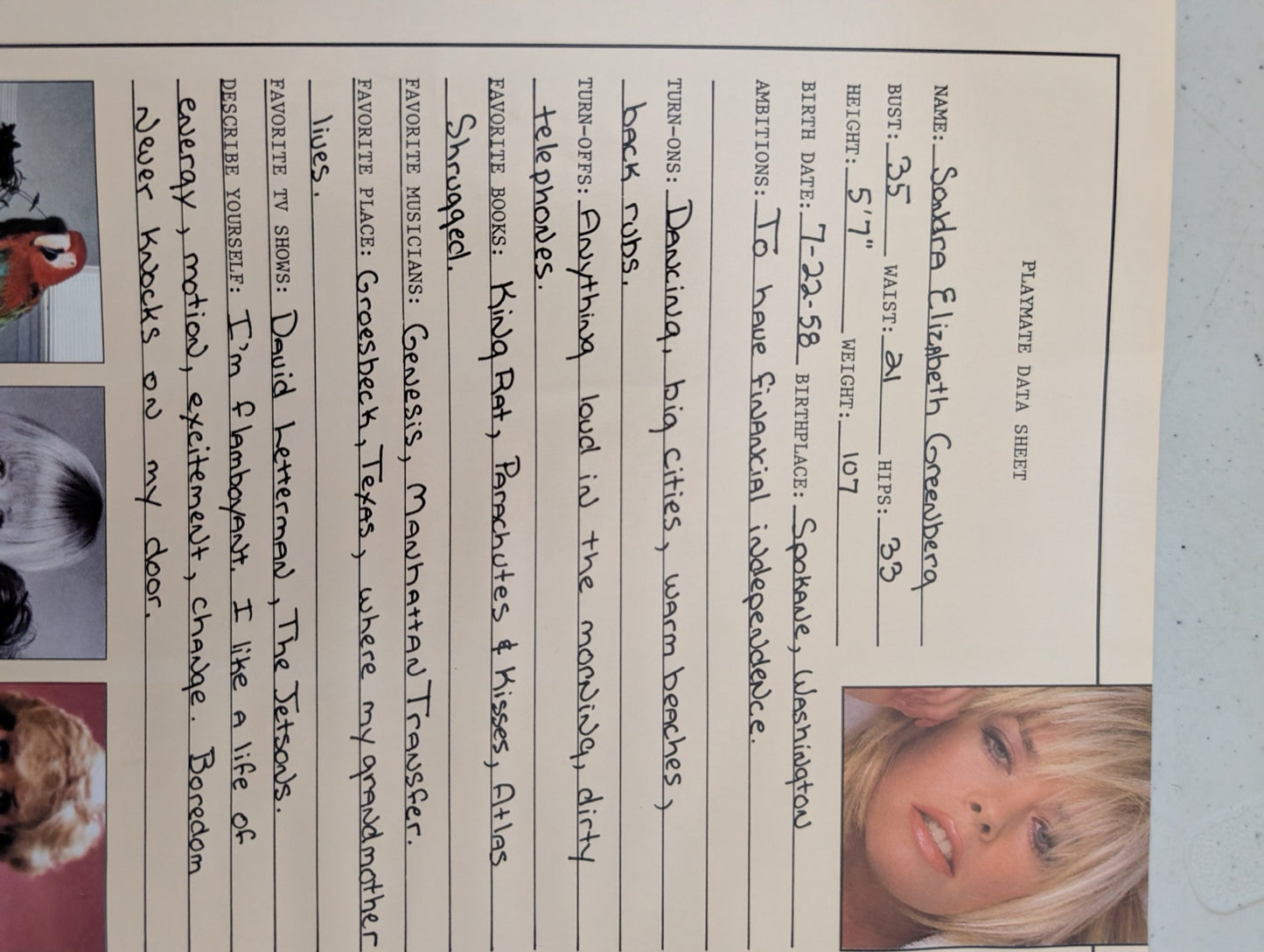 Sandra Elizabeth Greenberg Playmate Data Sheet June 1987