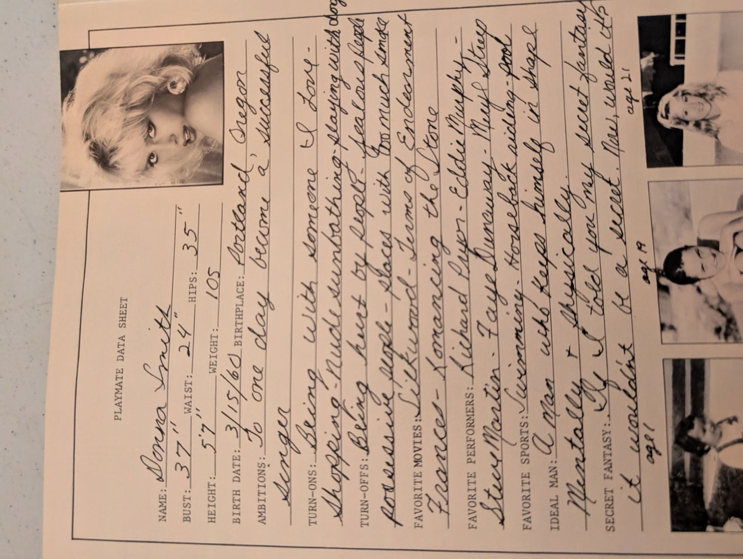 Donna Smith Playmate Data Sheet March 1985