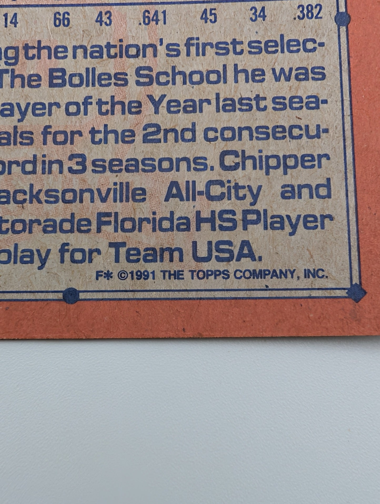 Detail of back of 1991 Topps Chipper Jones Rookie card