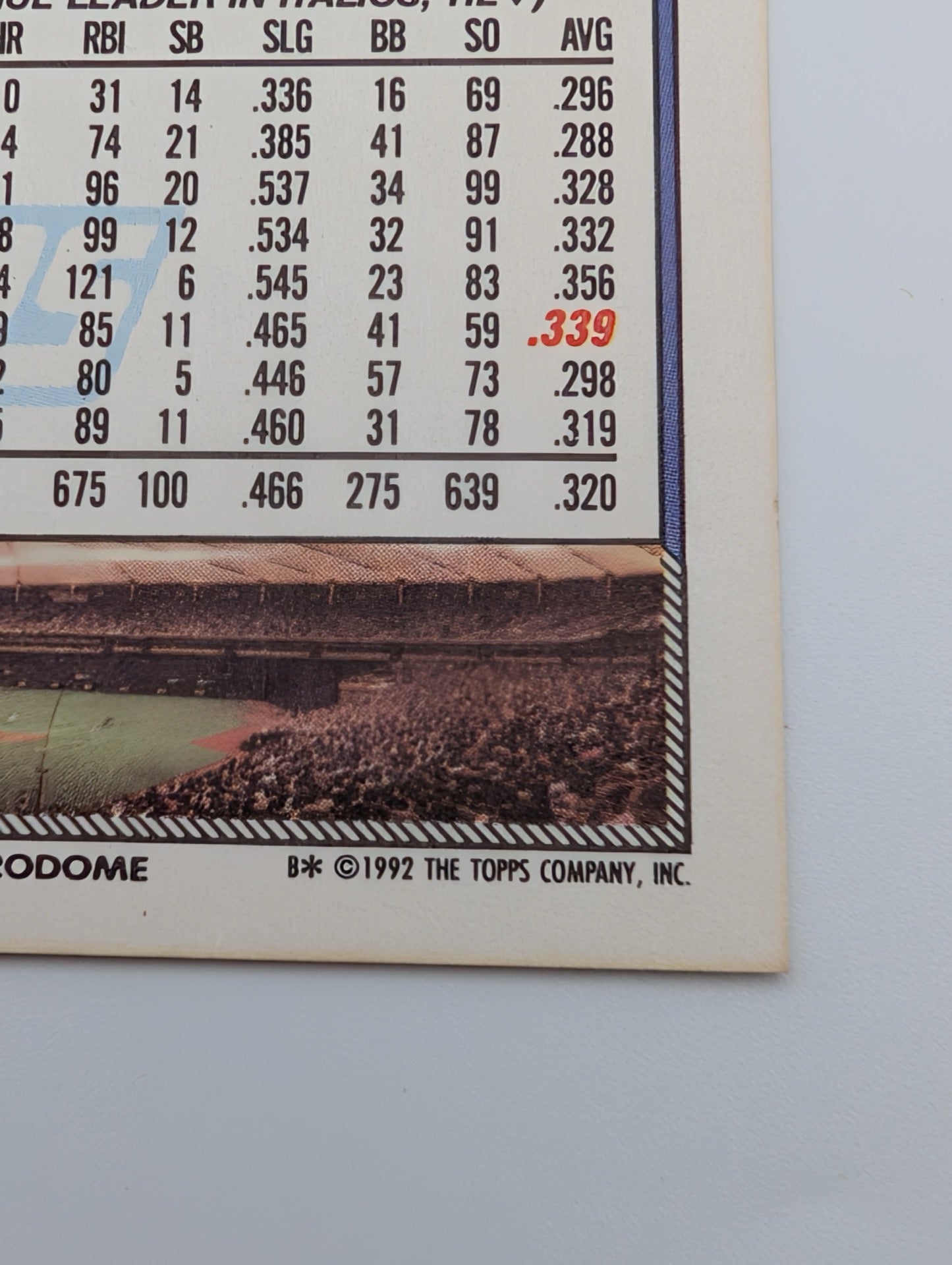 Detail of back of 1992 Topps Kirby Puckett card
