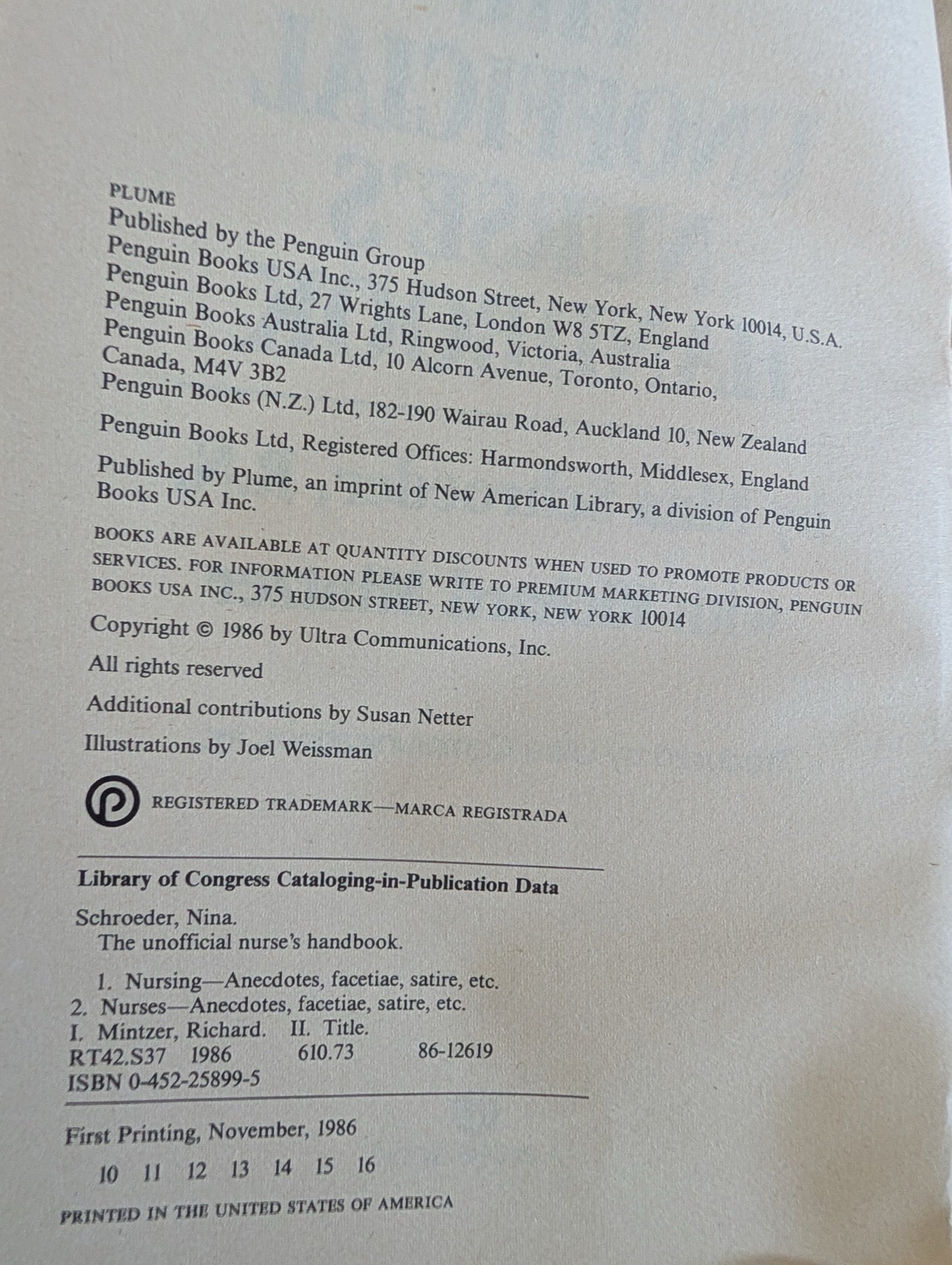 Copyright page showing 1986 First Printing