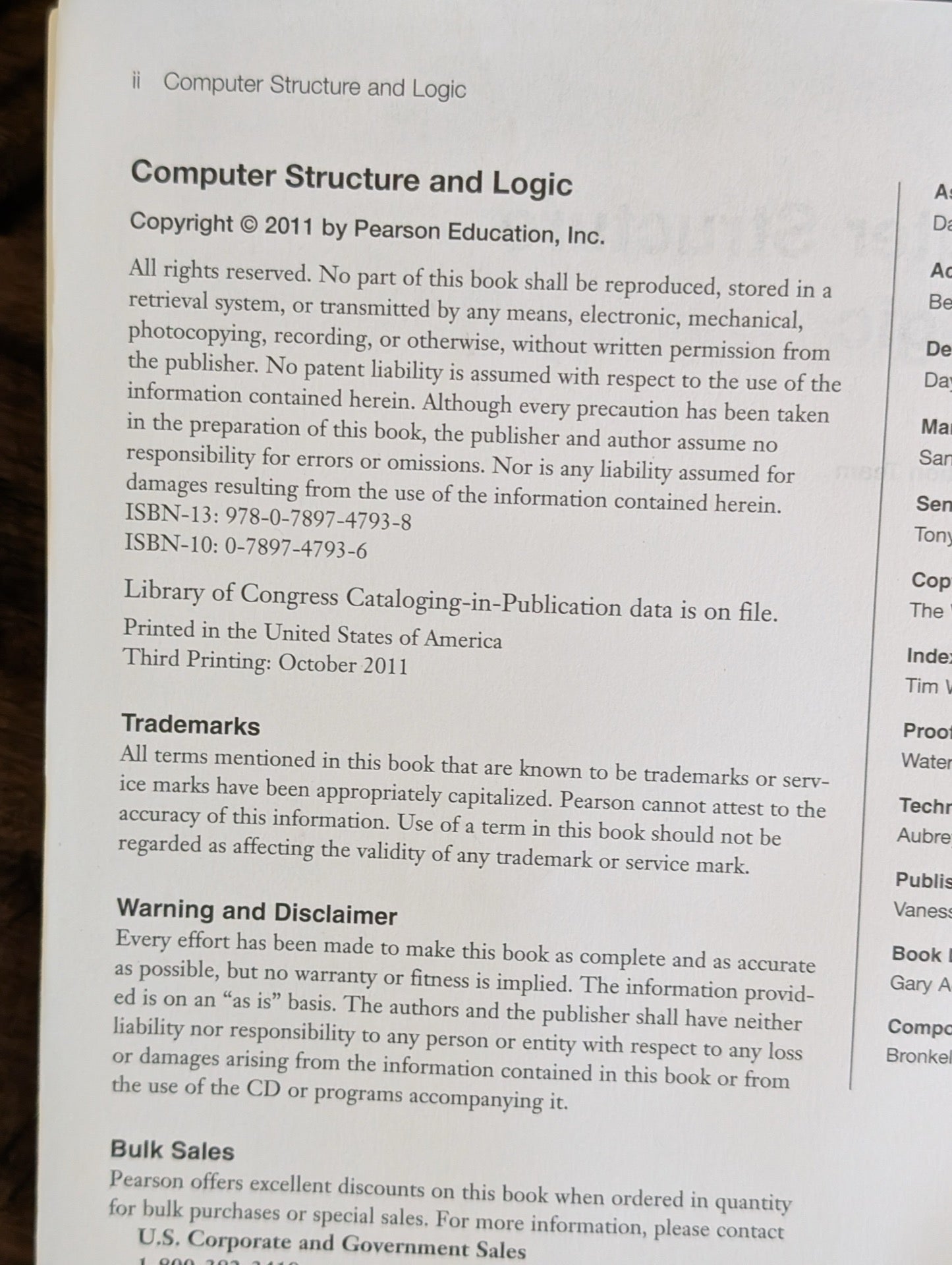 Computer Structure and Logic Copyright Page