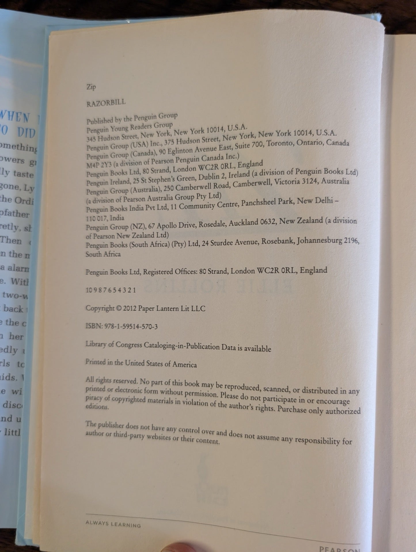 Copyright page of Zip by Ellie Rollins