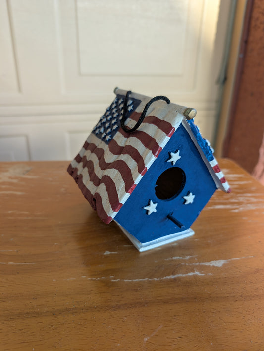 Vintage Handcrafted simple small wooden birdhouse red white and blue