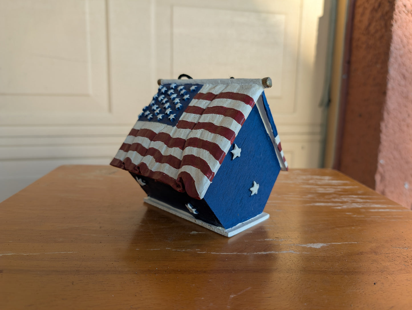 Vintage Handcrafted simple small wooden birdhouse red white and blue