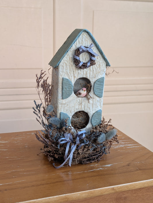 Vintage decorative handcrafted birdhouse two opening with bird and nest decor