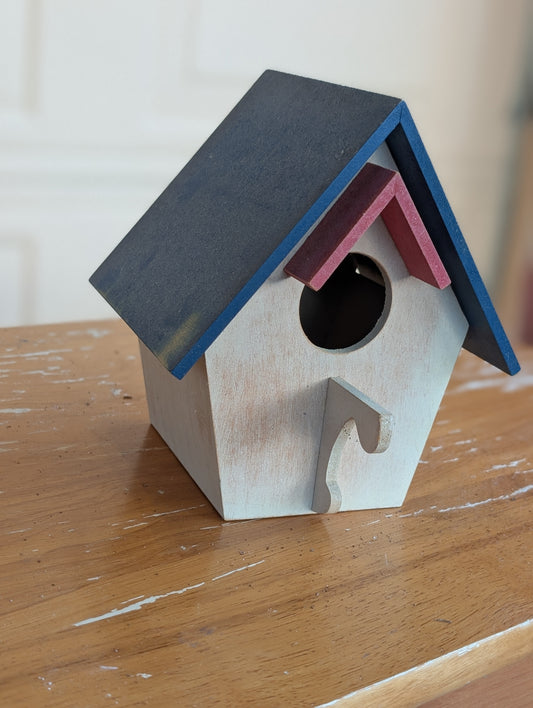 Vintage decorative handcrafted birdhouse with sitting post - white with blue roof