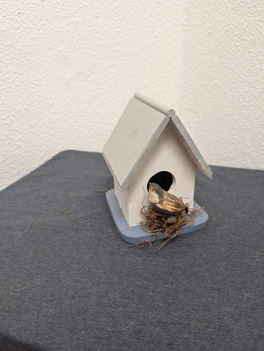 Vintage handcrafted decorative wooden birdhouse with bird in nest