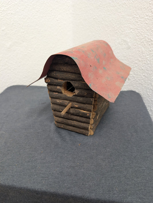 Vintage handcrafted Log Cabin Metal Roof birdhouse