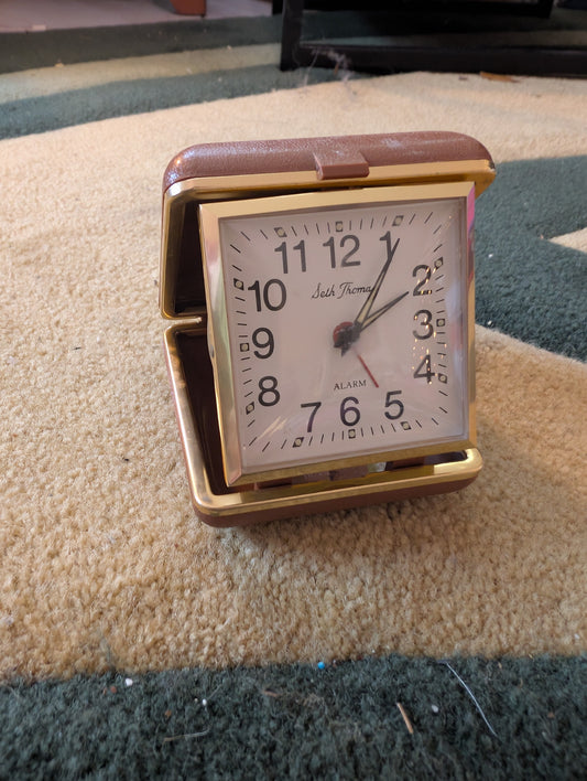 Vintage Seth Thomas Travel Alarm Clock Wind Up Folding Hard Clam Case -Works