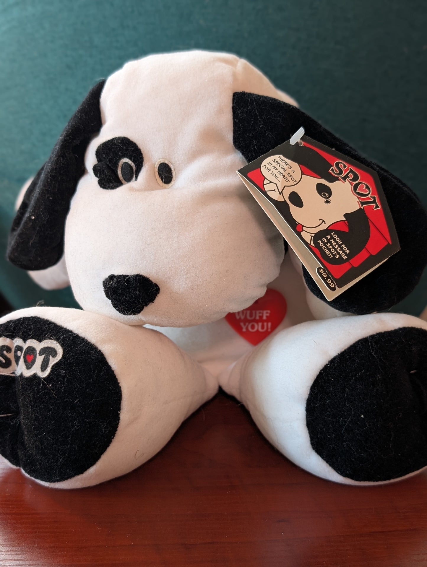 Vintage Gibson Spot Puppy Dog White Black Plush I Love Wuff You Heart 1995 Valentine Day
