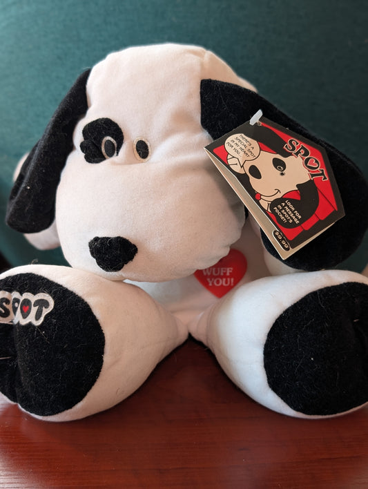 Vintage Gibson Spot Puppy Dog White Black Plush I Love Wuff You Heart 1995 Valentine Day