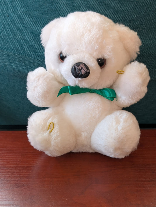 Vintage SASCO - WHITE Plush TEDDY BEAR Red Ribbon 10"