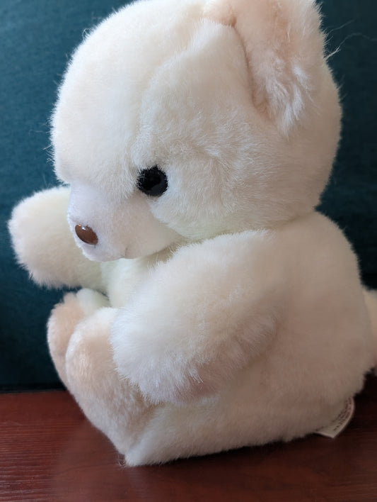 Vintage Teddy Bear Plush Sitting with Brown Plastic Nose White Body Tan Feet and Ears