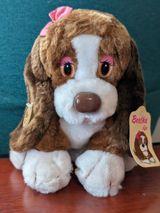 Vintage Russ Bertha Bassett Hound Brown Dog Plush Pink Bow 9" Stuffed Animal Tag