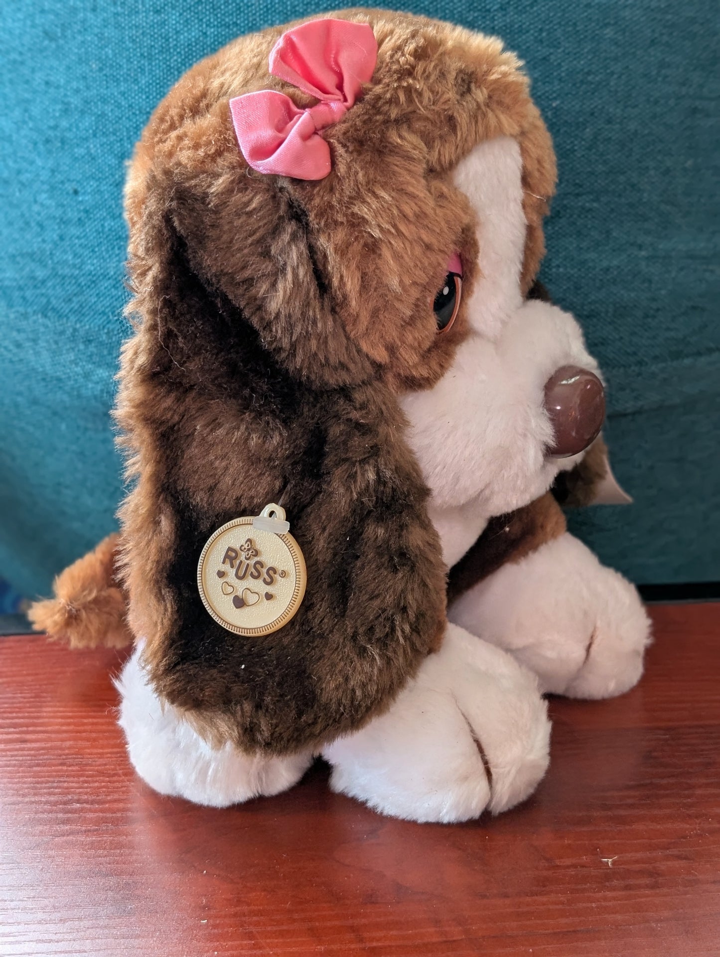 Vintage Russ Bertha Bassett Hound Brown Dog Plush Pink Bow 9" Stuffed Animal Tag
