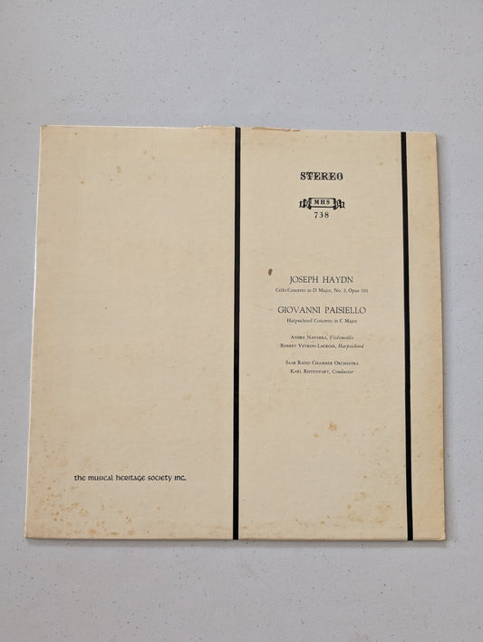 JOSEPH HAYDN Cello Concerto in D Major, No. 7, Opus 101 GIOVANNI PAISIELLO Harpsichord Concerto in C Major ANURE NAVARRA, Violincello ROBERT VEYRON-Lacroix, Harpsichord SAAR RADIO CHAMBER ORCHESTRA KARL KISTENPART, Conductor(Vintage Vinyl Record LP Album)