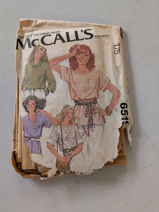 McCall's #6519 Misses' Pullover Tops - Size S (Sewing Pattern Vintage)