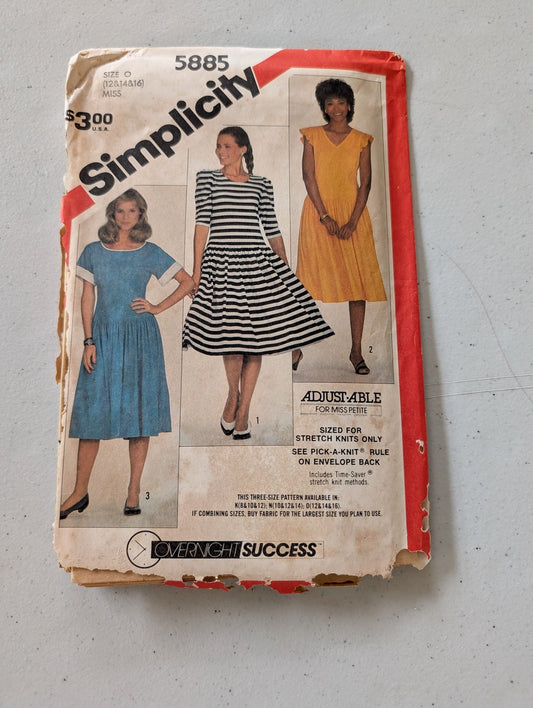 Simplicity Pattern 5885 Misses' Pullover Dress w/Sleeve/Neck Variations 12/16 (Sewing Pattern Vintage)