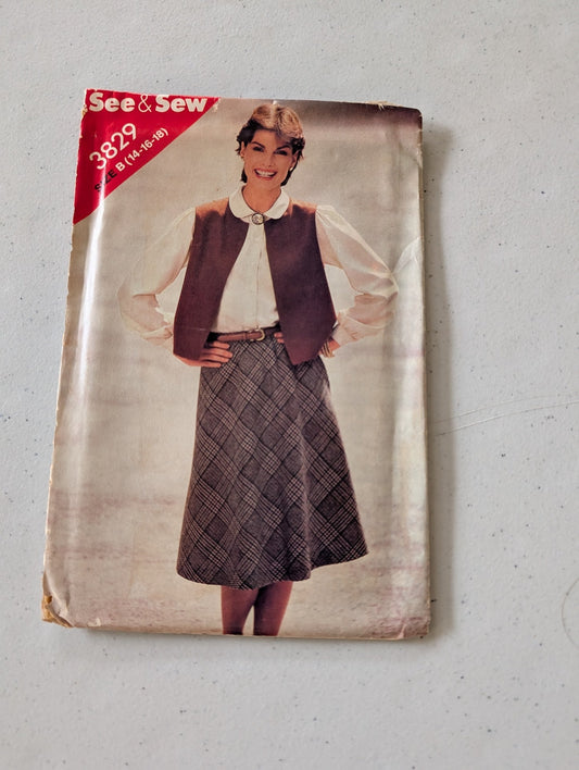 Misses Vest Skirt Pattern Size 8 10 12 Butterick 3829 See & Sew Cut To 12(Sewing Pattern Vintage)