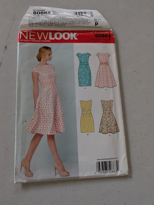 New Look S0863 Dress w V-Back, Midriff Inset, Flared or Slim Skirt Sz 8-20 6447(Sewing Pattern Vintage)