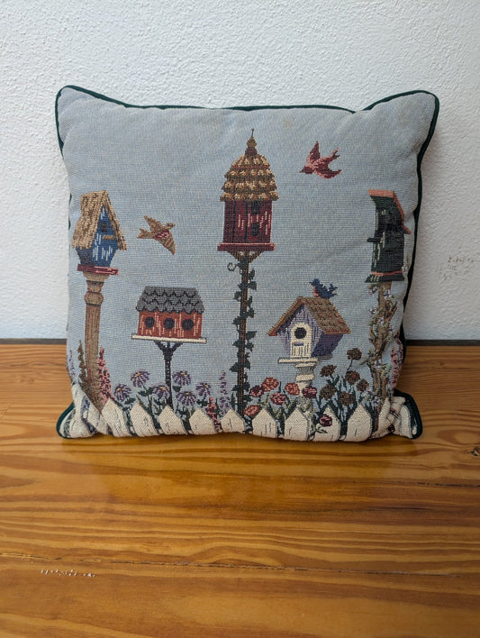 Birdhouse Scene Tapestry Pillow from Unbranded - 1990s Home Decor (Cotton, Polyester Pillow, Country, Cottage, Traditional, Blue, Green, Brown, Red, White)