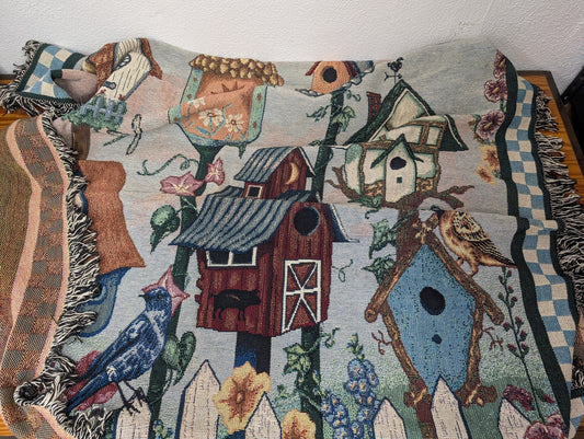 Birdhouse Scene Tapestry Throw from Unbranded - 1990s Textiles (Cotton Throw Blanket, Country, Cottage, Traditional, Blue, Green, Brown, Red, White)