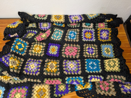 Granny Square Afghan from Handmade - 1970s Textiles (Acrylic/Wool Yarn Afghan Blanket, Vintage, Boho, Handmade, Black, Multicolor)