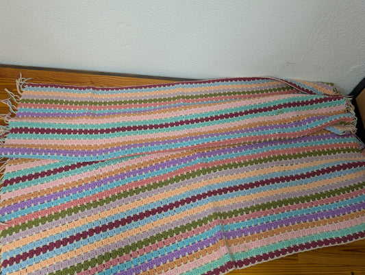 Striped Crochet Afghan from Handmade - 1980s Textiles (Acrylic Yarn Afghan Blanket, Vintage, Handmade, Cottage, Multicolor, Pastel)