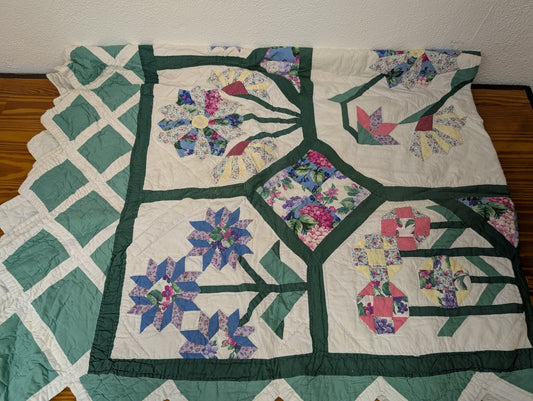 Floral Applique Sampler Quilt from Handmade - 1990s Textiles (Cotton Quilt, Country, Cottage, Garden, Green, White, Multicolor)