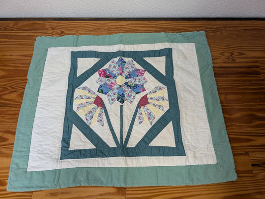 Floral Applique Quilted Square from Handmade - 1990s Home Decor (Cotton Quilted Wall Hanging, Country, Cottage, Handmade, Green, White, Blue, Yellow)