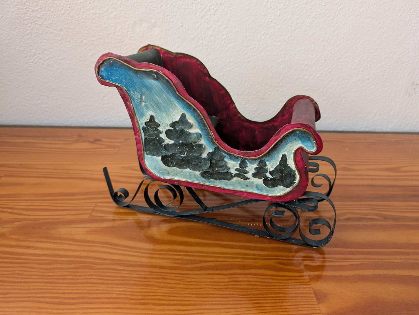 Hand-Painted Wooden Sleigh from Unknown - 1990s Holiday Decor (Wood, Metal Tabletop Decor, Rustic, Farmhouse, Traditional, Folk Art, Red, Blue, Black, White)