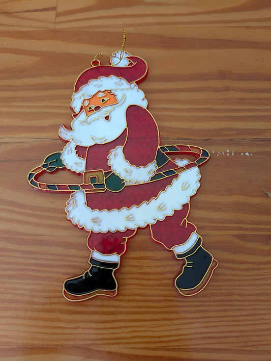 Hula Hoop Santa from Unknown - 1980s Holiday Decor (Plastic Ornament / Wall Decor, Retro, Kitsch, Whimsical, Red, White, Gold, Black)