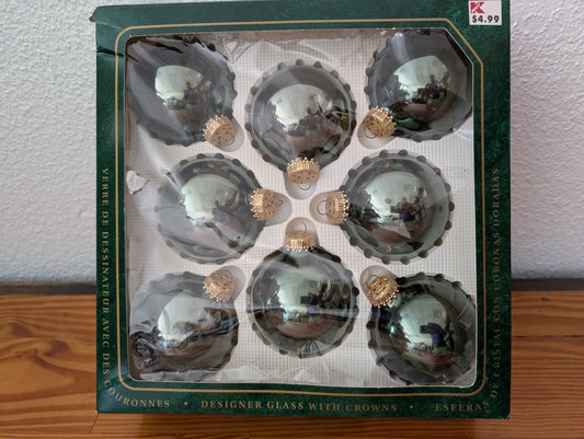 Designer Glass with Crowns from Kmart - 1990s Holiday Decor (Glass, Metal Ornaments, Traditional, Vintage, Smoky Green)