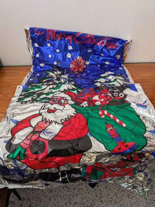 Mylar Santa Door Cover from Unknown - 1980s Holiday Decor (Mylar, Plastic Decor, Retro, Vintage, Kitsch, Blue, Red, White, Green)