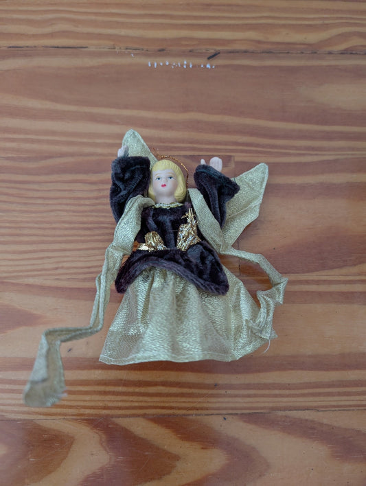 Angel Ornament from Unknown - 1990s Holiday Decor (Porcelain, Fabric Ornament / Figurine, Traditional, Vintage, Gold, Brown, Cream)