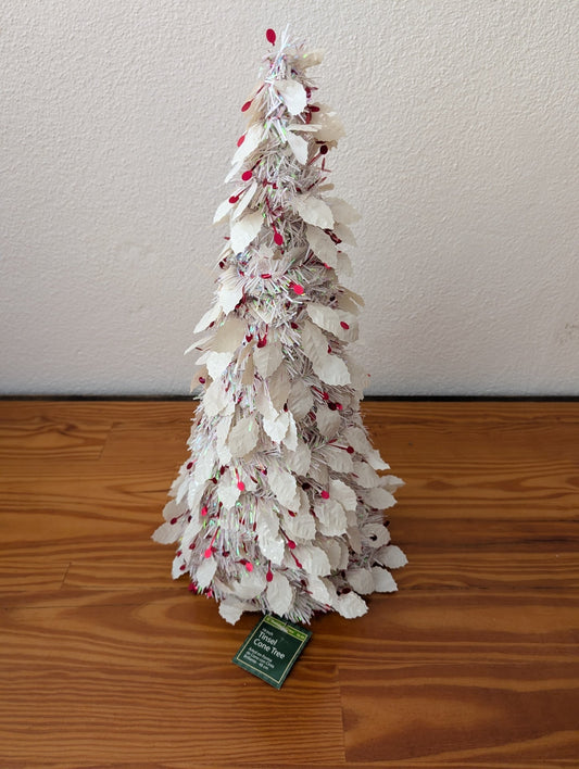 Tinsel Cone Tree from Unknown -  Holiday Decor (Plastic, Paper, Tinsel Tabletop Decor, Shabby Chic, Whimsical, Winter Wonderland, White, Iridescent, Red)