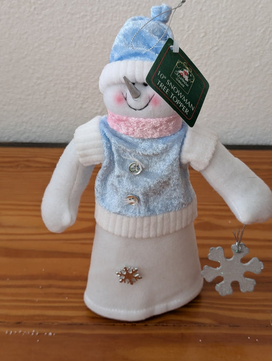 10" Snowman Tree Topper from Christmas House -  Holiday Decor (Fabric, Plush, Plastic Tree Topper, Whimsical, Traditional, White, Blue, Pink)